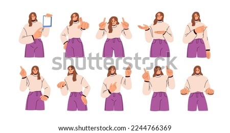 Person pointing with index finger, indicating. Happy woman showing up and down, to side with hand gesture, presenting, advertising, informing. Flat vector illustrations isolated on white background