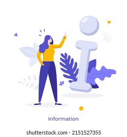 Person Pointing At Info Sign. Concept Of Information Guide, Answer To Question, Technical Support, Professional Consultant, Assistant Or Adviser. Modern Flat Vector Illustration For Banner, Poster.