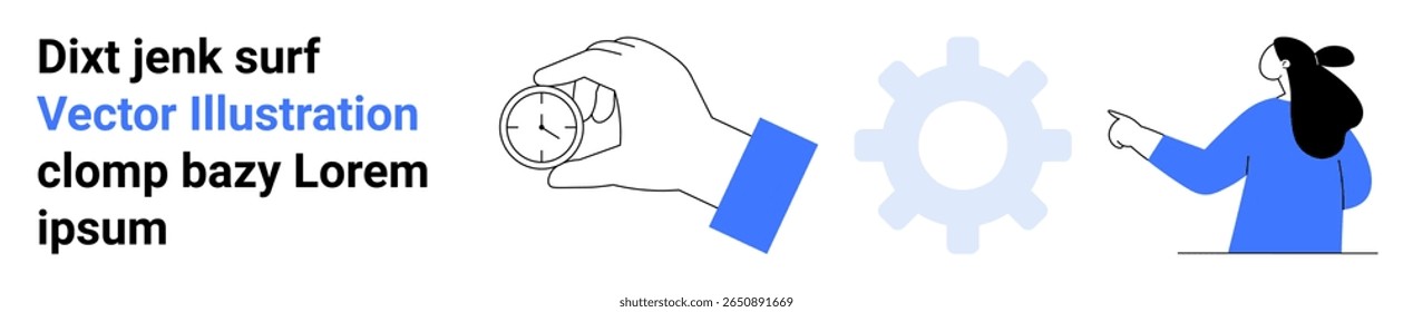 Person pointing at a large gear, hand holding a stopwatch, and multiple text blocks. Ideal for business strategy, project planning, time management, team collaboration, productivity tools, workflow