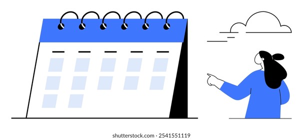 A person pointing at a large spiral-bound calendar with a cloud in the background. Ideal for scheduling, planning, time management, event organization, and creating reminders. Simplistic modern style