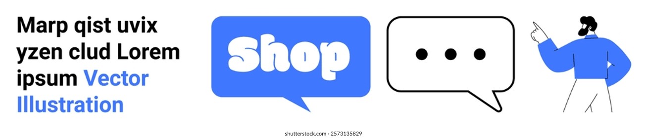 Person pointing left blue shop button speech bubble with three dots placeholder text in top left corner. Ideal for online shopping, business communication, customer support, e-commerce