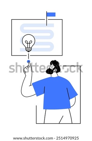 Person pointing at a light bulb inside a diagram. Ideal for creativity, innovation, ideas, brainstorming, educational purposes. Simple geometric style.