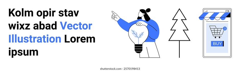 A person pointing, a light bulb with a leaf inside, a tree, and a smartphone with a shopping cart icon. Ideal for creativity, innovation, e-commerce, technology, and sustainability. Banner