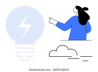 Person pointing to a light bulb with thunder symbol above clouds. Ideal for brainstorming, ideas, innovation, creativity, energy, education. Minimalist vector style in blue and black colours