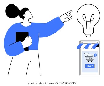 Person pointing at light bulb while holding a tablet, next to an online shopping cart on a mobile screen. Ideal for ecommerce, digital marketing, online shopping, innovative ideas, mobile apps