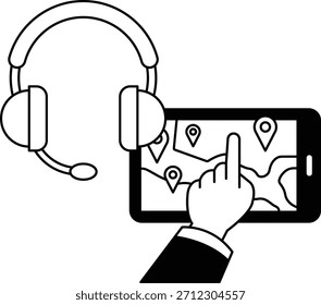 Una persona está apuntando a un mapa en una tableta. La tableta está sobre una mesa y la persona está usando auriculares