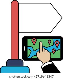 Una persona está apuntando a un mapa en una tableta. La tableta está en un poste al lado de un signo
