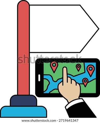 A person is pointing at a map on a tablet. The tablet is on a pole next to a sign