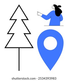 A person pointing, a map pin, and a simple Christmas tree outline. Ideal for holiday themes, navigation, travel, location services, minimalist design, and festive decorations. Modern and abstract