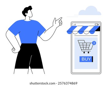 A person pointing at a mobile app screen displaying an online shopping cart and buy button. Ideal for e-commerce, online shopping, digital marketing, technology, user experience. Simple modern style