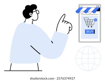 A person is pointing at a mobile device with a shopping cart icon and a BUY button on the screen. Ideal for e-commerce, online shopping, mobile apps, digital marketing, retail technology. Simple