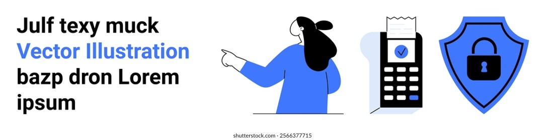 Person pointing at mobile payment system with a receipt and a security shield with a lock. Ideal for themes of digital transactions, secure payments, technology, finance, and data protection. Landing