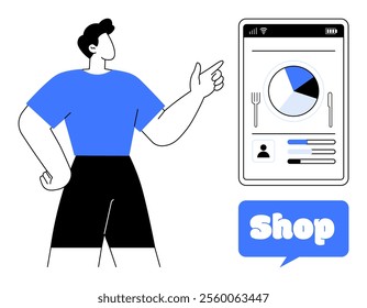 A person pointing at a mobile screen displaying analytics with a blue Shop button below. Ideal for e-commerce, technology, app advertising, user interface design, and digital marketing contexts