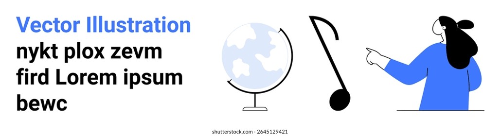 Person pointing at a music note and globe, side text in black. Ideal for education, music, geography, global concepts, teaching materials, creative content, presentations. Banner for landing page