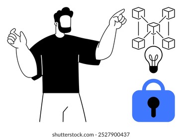 Pessoa apontando, rede de cubos conectados, lâmpada simbolizando ideias e inovação, cadeado azul indicando segurança. Ideal para tecnologia, blockchain, segurança, inovação, educação. Minimalista