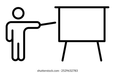 Person pointing at a presentation board icon, representing teaching, training, or presenting concepts in simple, minimalist design. Editable stroke.