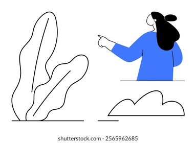 Person pointing right with black hair and blue outfit. Accompanied by abstract leaf and cloud shapes in black. Ideal for education, presentation slides, environmental awareness, minimalistic designs