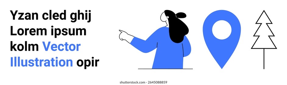 Person pointing right, oversized blue location pin, outlined tree icon, placeholder text in left section in black and blue. Ideal for navigation apps, maps, journey planning, travel guides, user