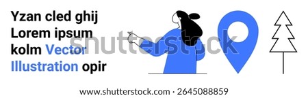 Person pointing right, oversized blue location pin, outlined tree icon, placeholder text in left section in black and blue. Ideal for navigation apps, maps, journey planning, travel guides, user