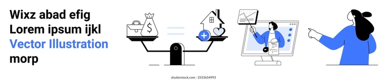 A person pointing at scales balancing between a bag of money and a house, alongside a doctor analyzing data on a screen Ideal for financial decisions, healthcare, work life balance, online