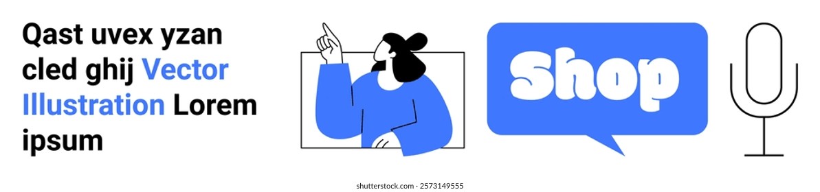 Person pointing at a screen, a blue speech bubble with the word Shop, and a black microphone drawing. Ideal for e-commerce, online shopping, customer service, retail themes, and digital