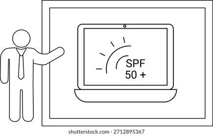 Persona que apunta a una pantalla que muestra SPF 50 y un gráfico solar dentro de un área enmarcada