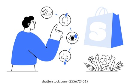 Person pointing at sensory icons representing touch, smell, taste, hearing, and sight. Shopping bag with S symbol and a flower are also present. Ideal for education, marketing, sensory learning