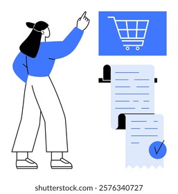 A person pointing at a shopping cart icon alongside a long receipt with a checkmark. Ideal for e-commerce, online shopping, retail marketing, digital transactions, consumer experience. Modern vector