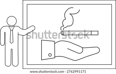 A person pointing to a sign of a hand holding a lit cigarette with smoke promoting a nosmoking message