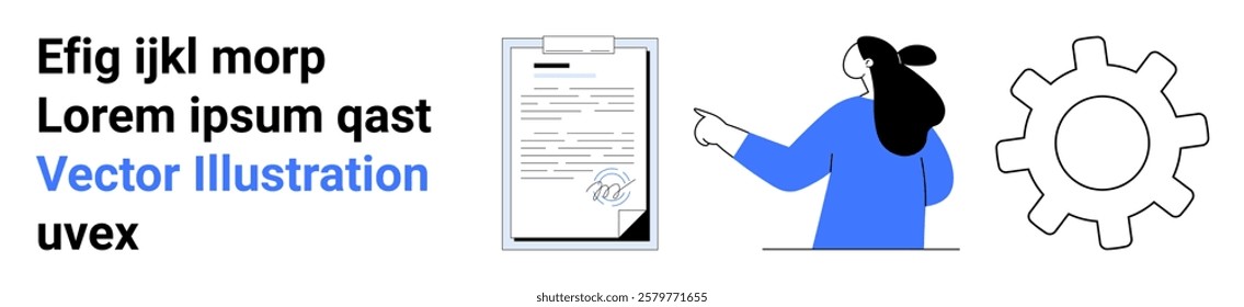 Person pointing at a signed document on a clipboard alongside a large gear icon for system settings. Ideal for business organization, workflow processes, contract management, productivity tools