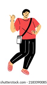 Person pointing at smth with fingers. Young guy in casual clothes shows his thumb to left. Product presentation, marketing and promotion with gestures. Cartoon flat vector illustration in doodle style
