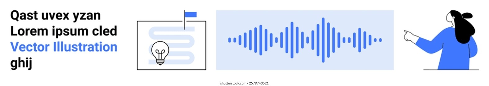 Person pointing at sound wave, filament light bulb symbolizing ideas, abstract text. Ideal for technology, innovation, education, presentations, digital communications. Banner for landing page