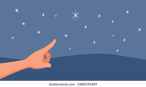 
Persona que señala a una estrella que hace un Vector de deseos. Mano que muestra un hermoso paisaje estrellado 
