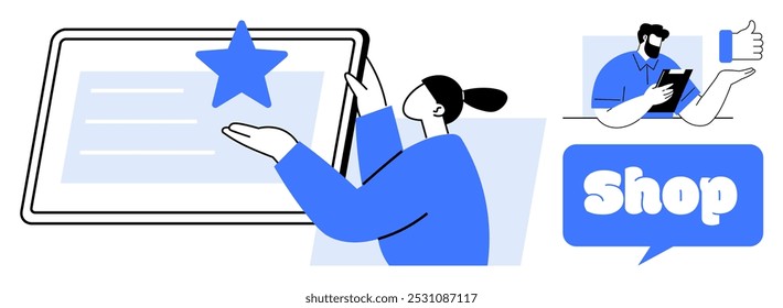 Person pointing at a star on a tablet while another person holds a tablet with a thumbs-up sign separate shop text bubble. Ideal for e-commerce, ratings, customer reviews, online shopping, digital