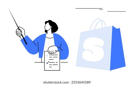 Person pointing with a stick and holding a checklist next to a shopping bag. Ideal for presentations, education, retail, business teaching, visual aids. Simple flat design