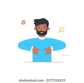 Person pointing their fingers. Bearded man points with hands or palms at something from below. Smiling character uses gestures to attract customers. Cartoon flat vector illustration in doodle style