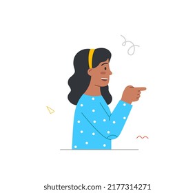 Person pointing their fingers. Smiling woman stand in profile and points with hand something in front or right. Palm gestures for attracting attention. Cartoon flat vector illustration in doodle style