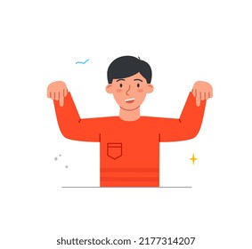 Person pointing their fingers. Young smiling man with his hands raised high shows something from below. Pay attention. Gesture for Marketing. Cartoon flat vector illustration in doodle style