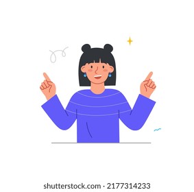Person pointing their fingers. Young smiling teenage girl shows her hands in different directions or up. Character uses gestures to advertise. Cartoon flat vector illustration in doodle style