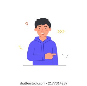 Person pointing their fingers. Young smiling male teenager points to something on side or right. Character attracts attention with gestures. Cartoon modern flat vector illustration in doodle style