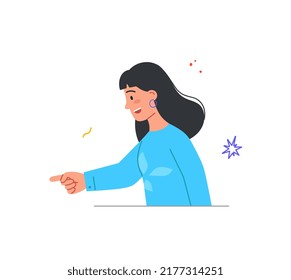 Person pointing their fingers. Young woman shows something in front or below with palm. Smiling character uses hand gestures. Attracting attention. Cartoon flat vector illustration in doodle style