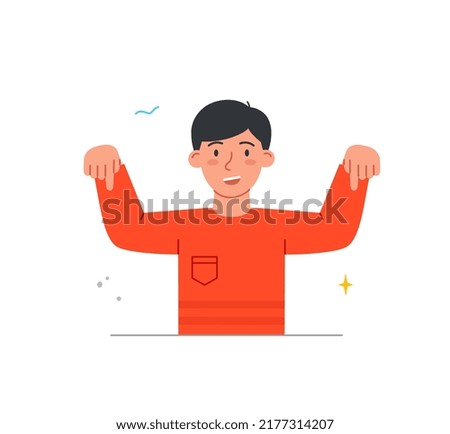 Person pointing their fingers. Young smiling man with his hands raised high shows something from below. Pay attention. Gesture for Marketing. Cartoon flat vector illustration in doodle style
