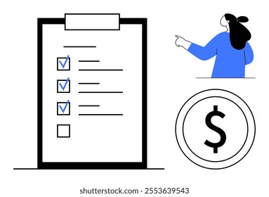 Person pointing at to-do list with completed checkmarks and blank checkboxes next to a dollar symbol on a white background. Ideal for task management, productivity, finance, organization