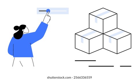 A person pointing at a touch interface beside a stack of three boxes. Ideal for e-commerce management product shipping inventory logistics and warehouse operations. Flat minimalist and modern style