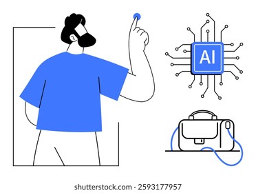 A person pointing towards an AI chip symbolizing advanced technology, accompanied by a connected bag. Ideal for technology, AI, innovation, smart devices, connectivity, future tech, education. Line