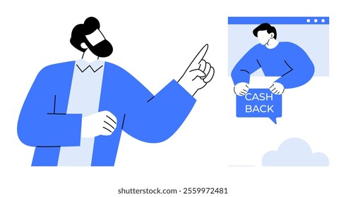 A person pointing towards another person holding a Cash Back sign, displayed within a chat window. Ideal for promotions, e-commerce, online shopping, customer rewards, and marketing strategies