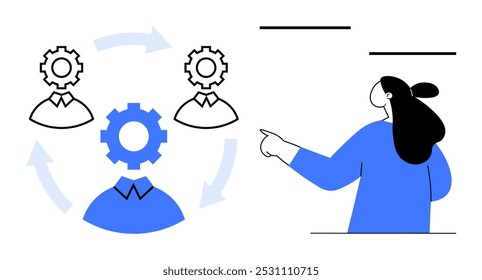 Pessoa apontando para o diagrama com três engrenagens interconectadas representando os membros da equipe em um ciclo de processo. Ideal para colaboração, gerenciamento de projetos, otimização de fluxo de trabalho, trabalho em equipe