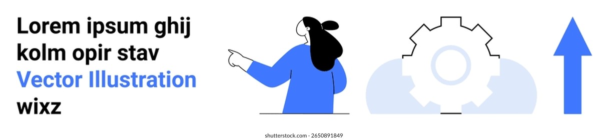 Person pointing towards a gear icon and an upward arrow, with placeholder text. Ideal for business strategy, growth, progress, innovation, teamwork, presentations, and websites. Banner for landing