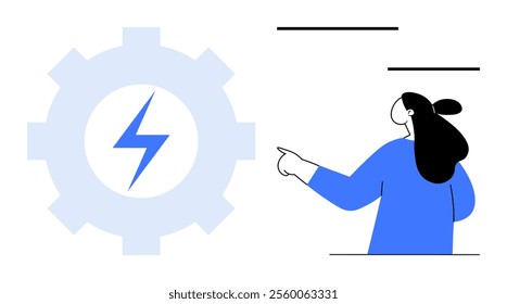 Person pointing towards a gear with a lightning bolt symbol. Ideal for technology, innovation, energy, efficiency, and business. Minimalist design, simple colors, flat vector style