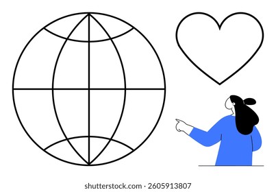A person pointing towards a heart shape and an earth globe. Ideal for themes like global awareness, love for the planet, environmental conservation, unity, and humanity. Minimalist art style